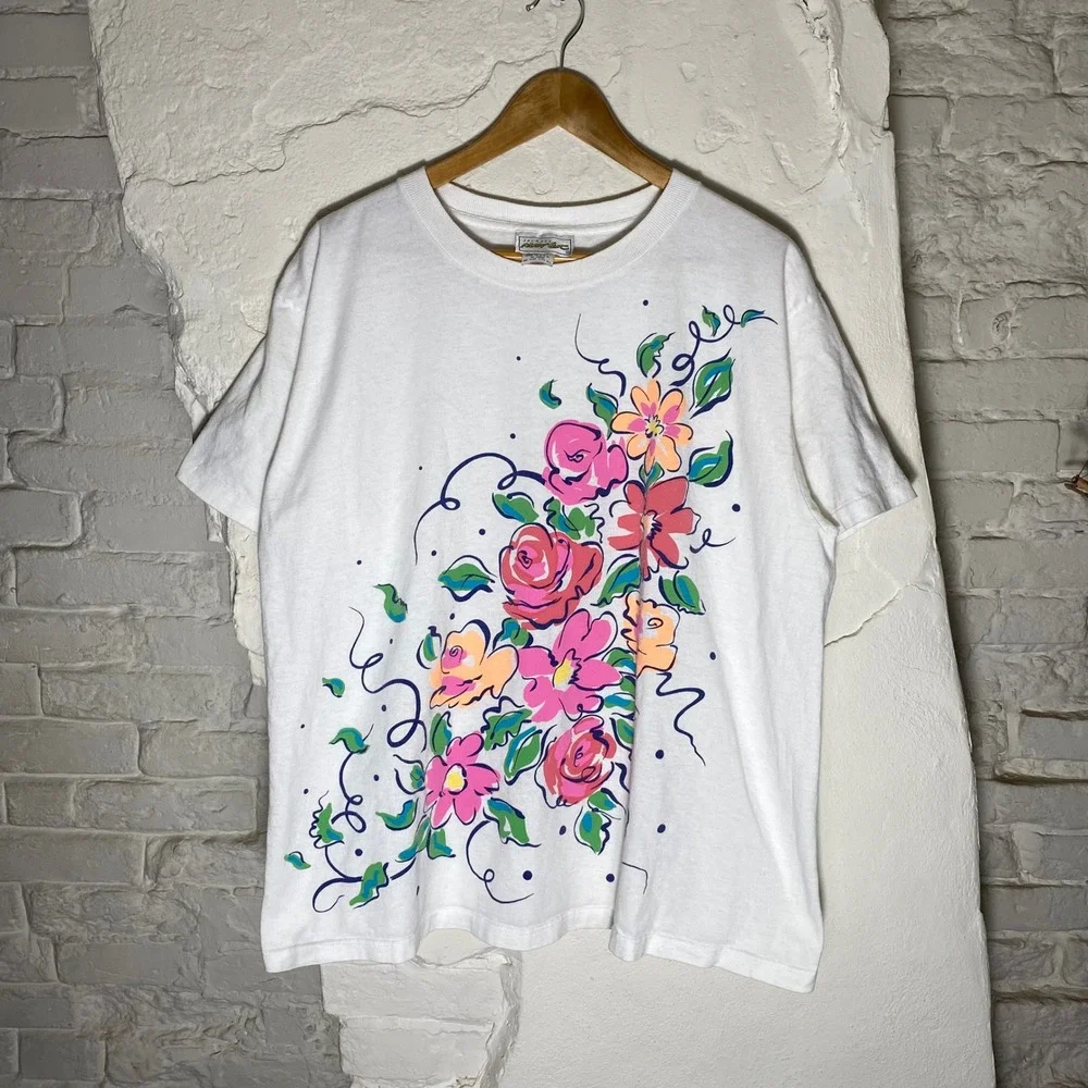 Vintage Jacques Moret Floral Graphic One Size T-Shirt‎ White 90s Made in USA